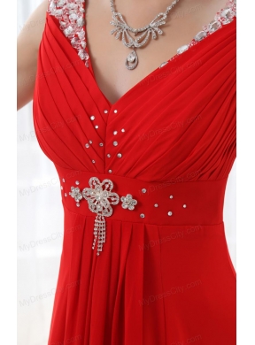 Red V-neck Beading and Ruching Floor-length Chiffon Prom Dress