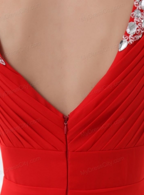 Red V-neck Beading and Ruching Floor-length Chiffon Prom Dress