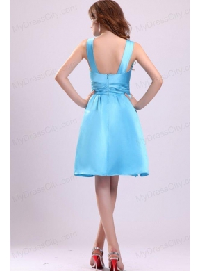 A-line Straps Short Aqua Blue Prom Dress with Ruche