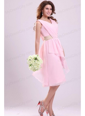 Baby Pink Empire V-neck Chiffon Prom Dress with Ruches