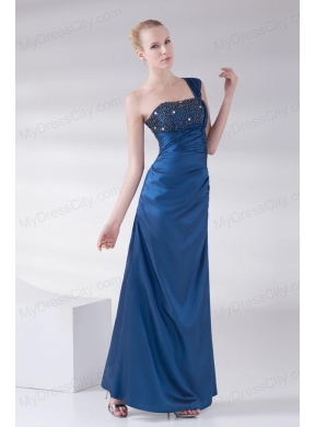 Column Navy Blue Beading and Ruching Beading Taffeta Prom Dress