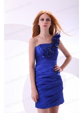 Column One Shoulder Taffeta Hand Made Flowers Mini-length Blue Prom Dress