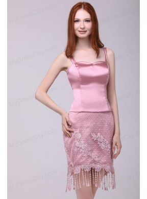 Column Rose Pink Spaghetti Straps Lace Satin Prom Dress