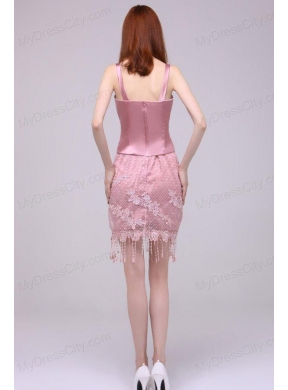 Column Rose Pink Spaghetti Straps Lace Satin Prom Dress