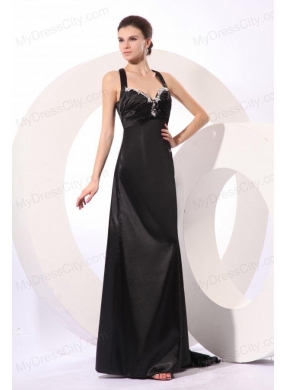 Column Straps Black Elastic Woven Satin Criss Cross Prom Dress with Beading