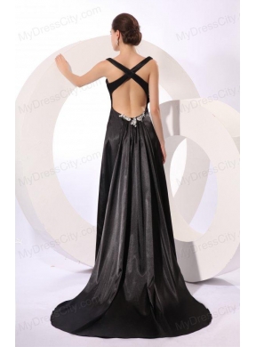 Column Straps Black Elastic Woven Satin Criss Cross Prom Dress with Beading