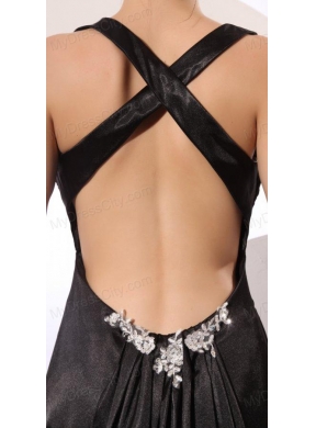 Column Straps Black Elastic Woven Satin Criss Cross Prom Dress with Beading