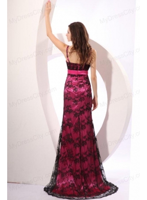 Column Straps Embroidery Prom Dress with Brush Train in Hot Pink