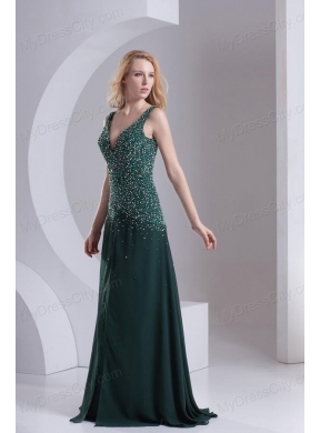 Column V-neck Chiffon Beading Dark Slate Gray Prom Dress