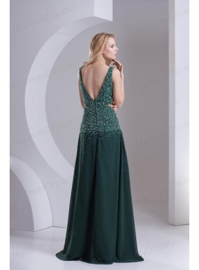 Column V-neck Chiffon Beading Dark Slate Gray Prom Dress