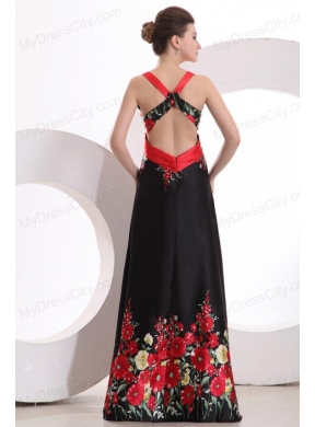 Column V-neck Floor-length Criss Cross Elastic Woven Satin Prom Dress