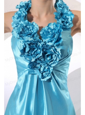 Empire Halter Baby Blue Floor-length Taffeta Hand Made Flowers Popular 2014 Prom Dress