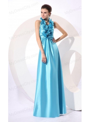 Empire Halter Baby Blue Floor-length Taffeta Hand Made Flowers Popular 2014 Prom Dress