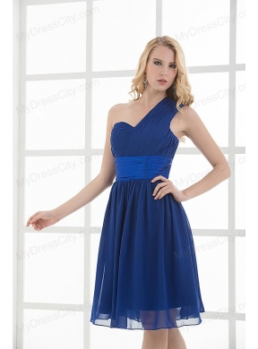 Empire One Shoulder Sleeveless Knee-length Blue Prom Dress