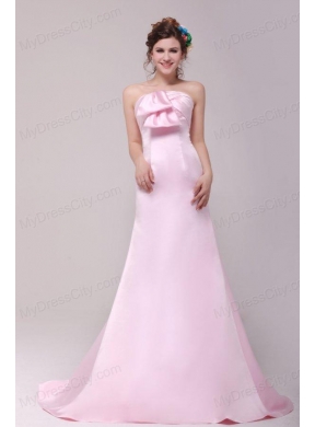 Formal 2014 Princess Strapless Bowknot Brush Train Prom Dress in Pink