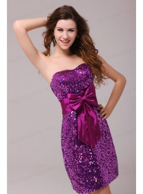 Fuchsia Sequin Sweetheart Sash Column Short Prom Dress