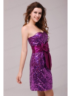 Fuchsia Sequin Sweetheart Sash Column Short Prom Dress