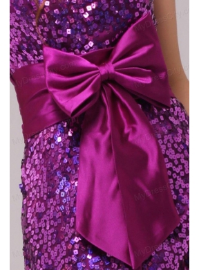 Fuchsia Sequin Sweetheart Sash Column Short Prom Dress