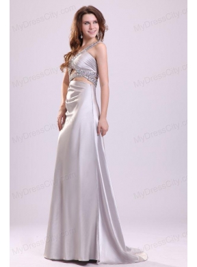 Grey Column One Shoulder Beading Elastic Woven Satin Watteau Train Criss Cross Prom Dress