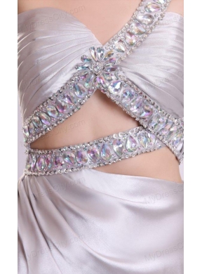 Grey Column One Shoulder Beading Elastic Woven Satin Watteau Train Criss Cross Prom Dress