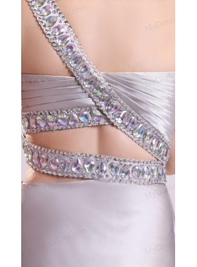 Grey Column One Shoulder Beading Elastic Woven Satin Watteau Train Criss Cross Prom Dress