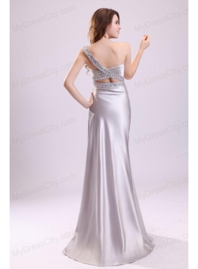 Grey Column One Shoulder Beading Elastic Woven Satin Watteau Train Criss Cross Prom Dress