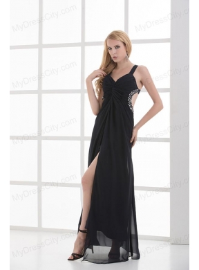 High Slit Straps Black Ankel-length Beading and Ruching Prom Dress