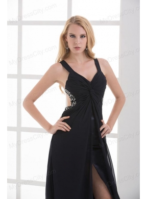 High Slit Straps Black Ankel-length Beading and Ruching Prom Dress