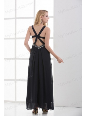 High Slit Straps Black Ankel-length Beading and Ruching Prom Dress