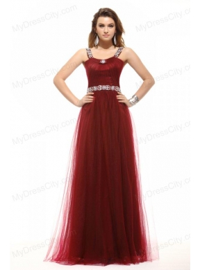 Inexpensive Empire Square Tulle 2014 Long Prom Dress with Beading