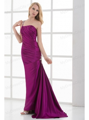 Mermaid Fuchsia One Shoulder Brush Train Beading Taffeta Ruching Prom Dress