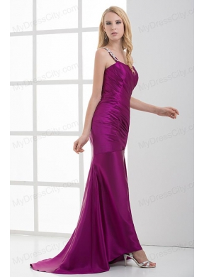 Mermaid Fuchsia One Shoulder Brush Train Beading Taffeta Ruching Prom Dress