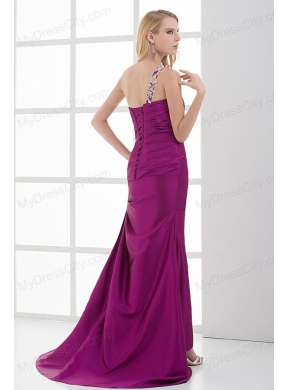 Mermaid Fuchsia One Shoulder Brush Train Beading Taffeta Ruching Prom Dress