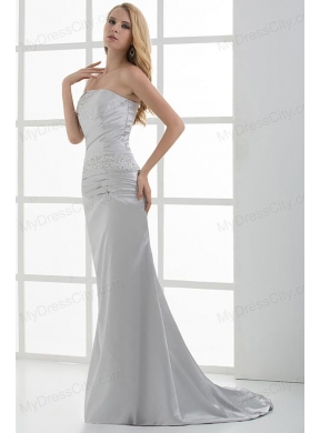 Mermaid Strapless Beading and Ruching Brush Train White Prom Dress