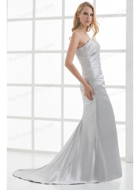 Mermaid Strapless Beading and Ruching Brush Train White Prom Dress