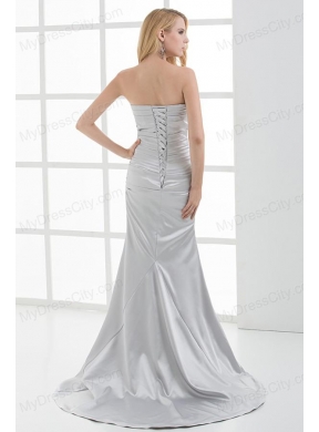 Mermaid Strapless Beading and Ruching Brush Train White Prom Dress