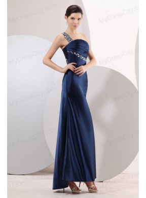 Navy Blue Column One Shoulder Ankle-length Elastic Woven Satin Beading Prom Dress with Criss Cross