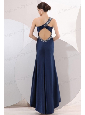 Navy Blue Column One Shoulder Ankle-length Elastic Woven Satin Beading Prom Dress with Criss Cross