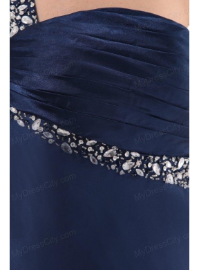 Navy Blue Column One Shoulder Ankle-length Elastic Woven Satin Beading Prom Dress with Criss Cross