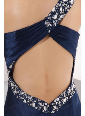 Navy Blue Column One Shoulder Ankle-length Elastic Woven Satin Beading Prom Dress with Criss Cross