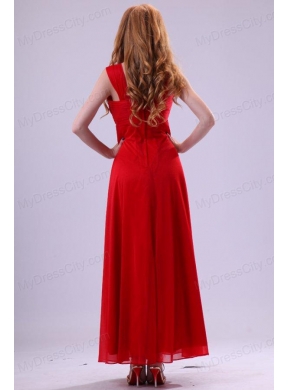 Red Empire Beading Straps Ankle-length Chiffon Prom Dress