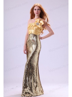 Sexy Sequins Column Strapless Floor-length Yellow Prom Dress with Ruching