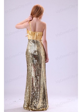 Sexy Sequins Column Strapless Floor-length Yellow Prom Dress with Ruching