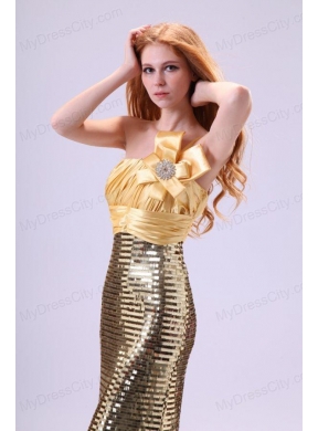 Sexy Sequins Column Strapless Floor-length Yellow Prom Dress with Ruching