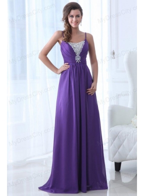 Simple Empire Straps Floor-length Chiffon Beading Purple Prom Dress