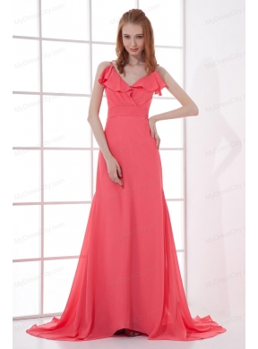 Watermelon Red Empire V-neck Court Train Ruching Prom Dress