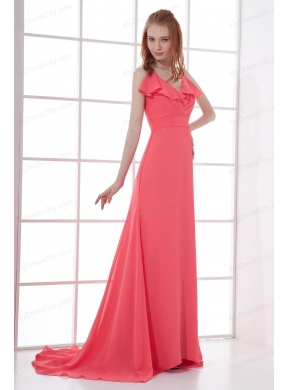 Watermelon Red Empire V-neck Court Train Ruching Prom Dress