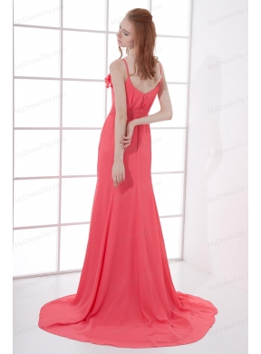 Watermelon Red Empire V-neck Court Train Ruching Prom Dress