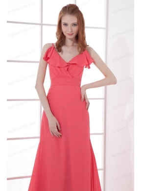 Watermelon Red Empire V-neck Court Train Ruching Prom Dress