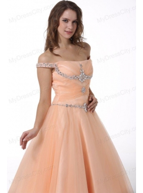 A-line Peach Off The Shoulder Beading Ruching Floor-length Tulle Prom Dress